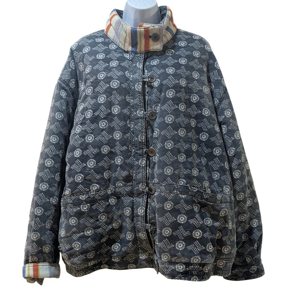 Free People Quilted MacKenzie Bomber Jacket XL Blue White Patterned Trim